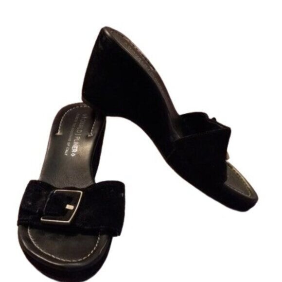 Donald J Pliner 9 M Womens Wedge Sandals Black Leather Suede Slide Buckle Italy - Picture 1 of 11